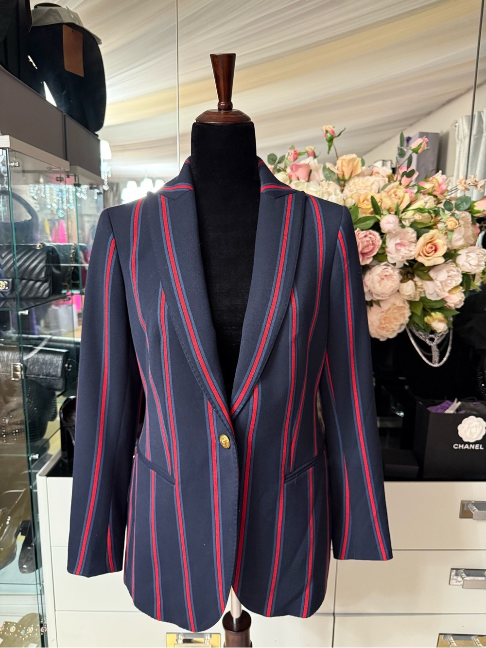 Anne Klein Navy Blazer with Red and Light Blue Stripes